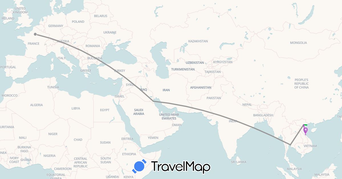 TravelMap itinerary: driving, bus, plane, train in France, Kuwait, Thailand, Vietnam (Asia, Europe)